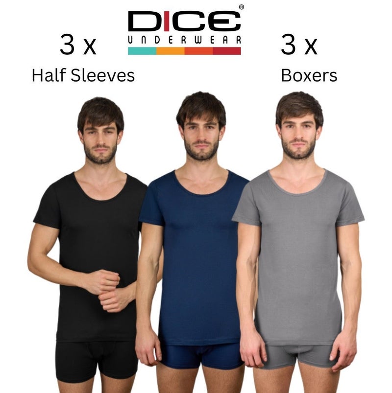 Dice® Men’s Underwear Set Tri-Color Combo Pack – 3 Cotton Half Sleeves Shirts & 3 Boxers (Black, Navy, Grey) - Image 1
